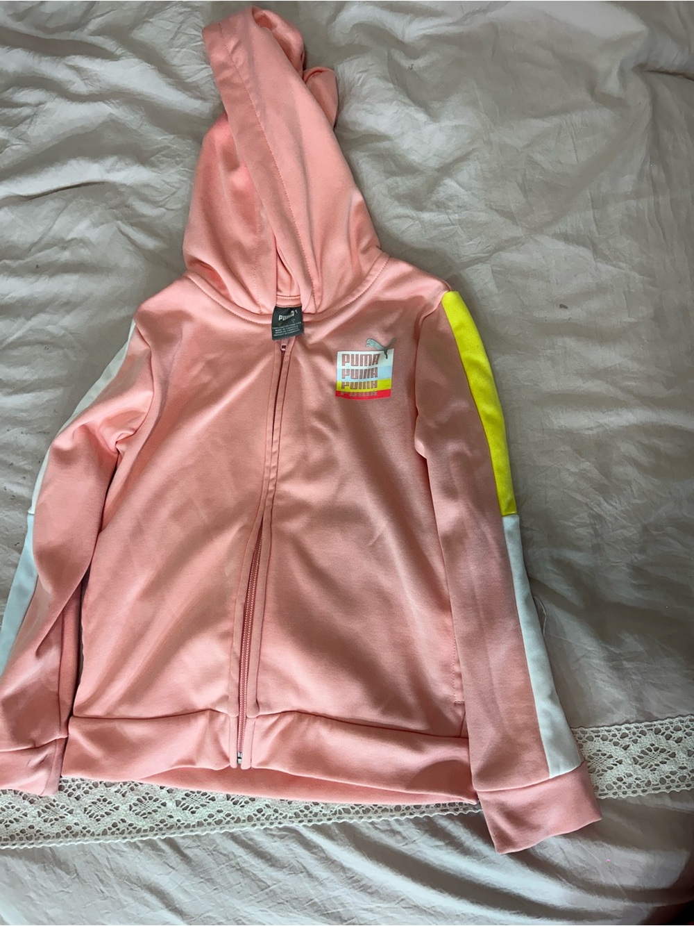 Puma Pink Hooded Zip Jacket with Yellow and White Sleeve Stripes